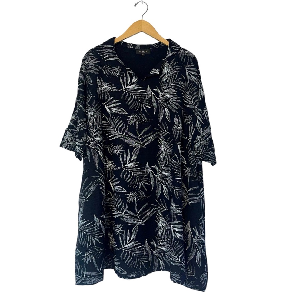 Beulah Shirt Dress Womans‎ OS Black White Leaf Print Collared Pockets Oversized